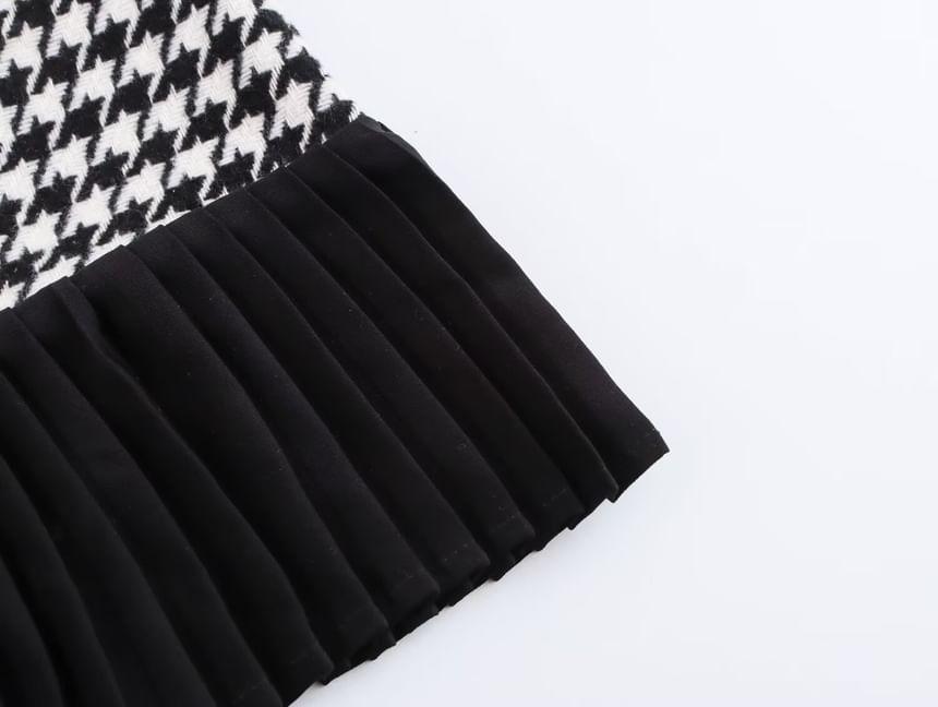 Long-Sleeve Round Neck Houndstooth Panel Mini A-Line Dress Product Image