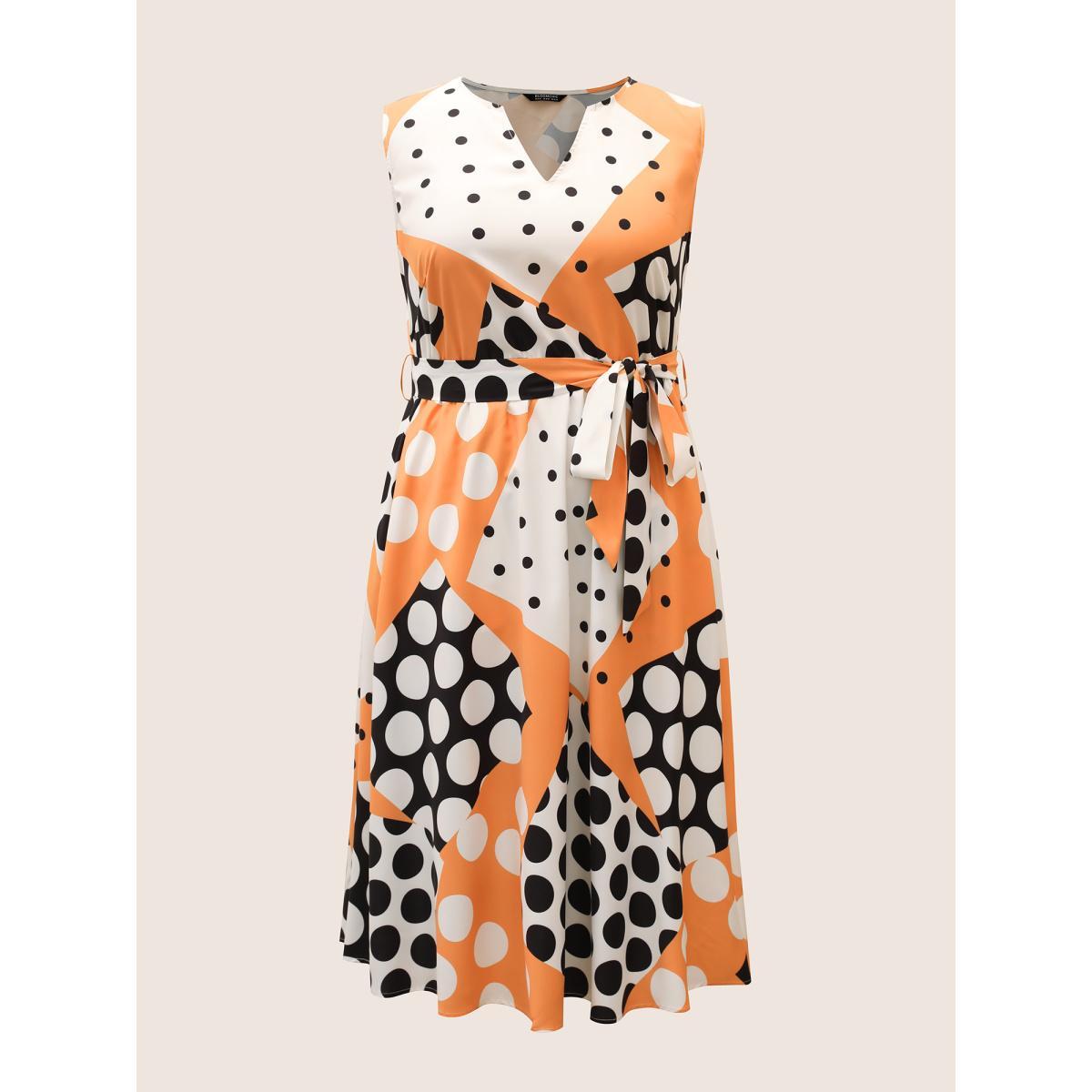 Plus Size Polka Dot Contrast Notched Collar Belted Dress Orange Women At the Office Belted Notched collar Sleeveless Curvy Midi Dress BloomChic 18-20/2X Product Image