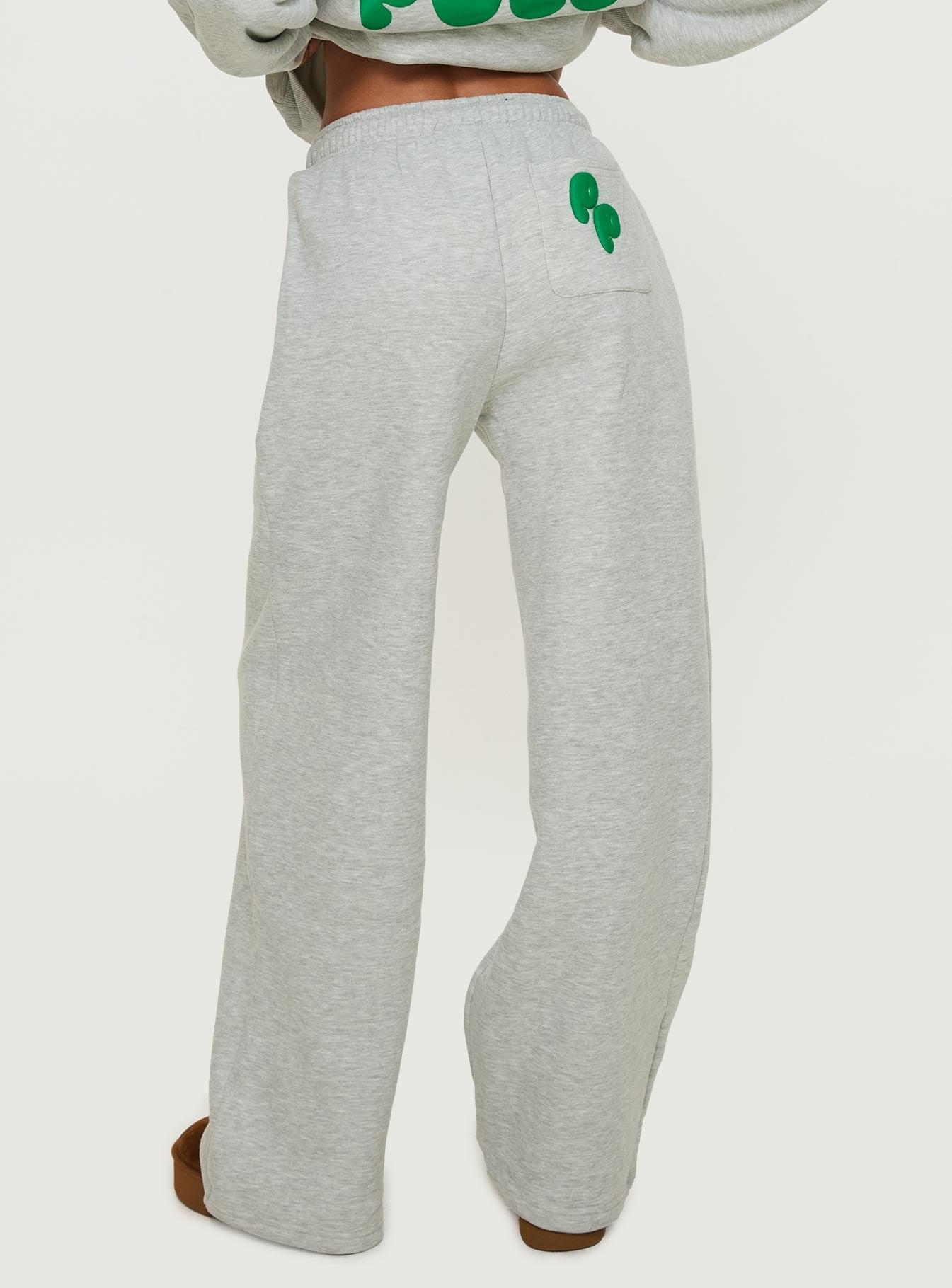 Princess Polly Wide Leg Track Pant Bubble Text Grey Marle / Green Product Image