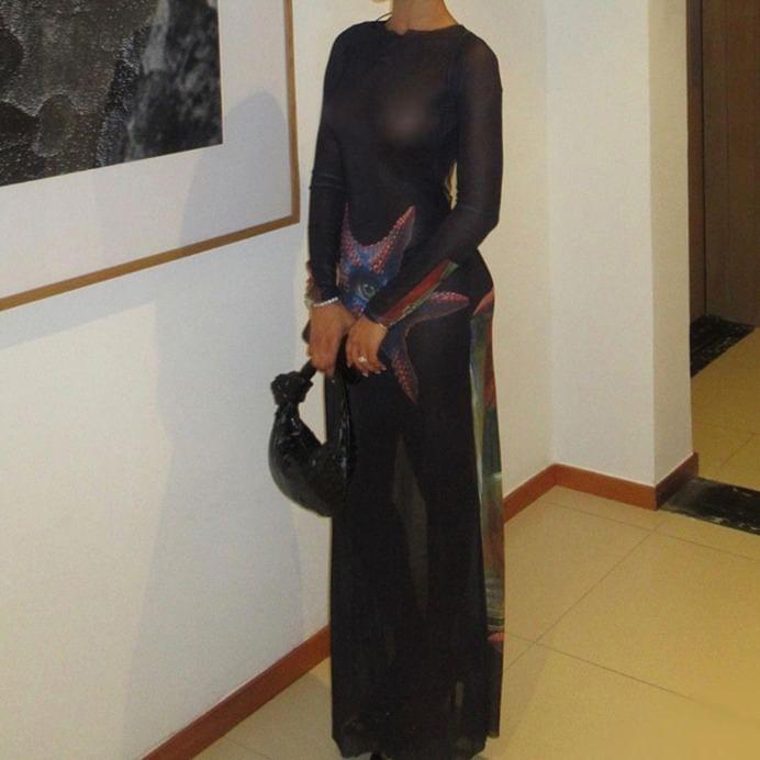 Long Sleeve Crew Neck Starfish Print Maxi Sheath Dress Product Image