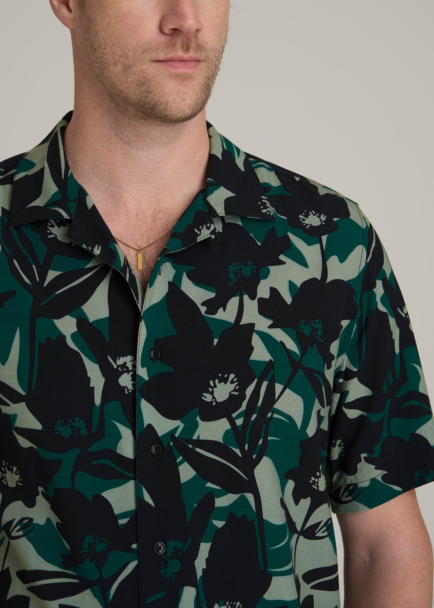 Short Sleeve Resort Shirt for Tall Men in Green and Black Floral Product Image
