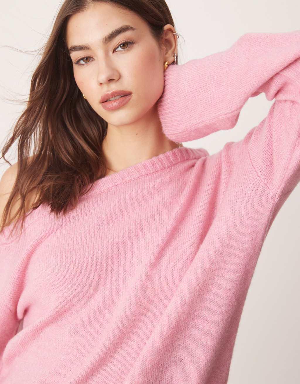 ASOS DESIGN one shoulder knitted dress in soft pink Product Image
