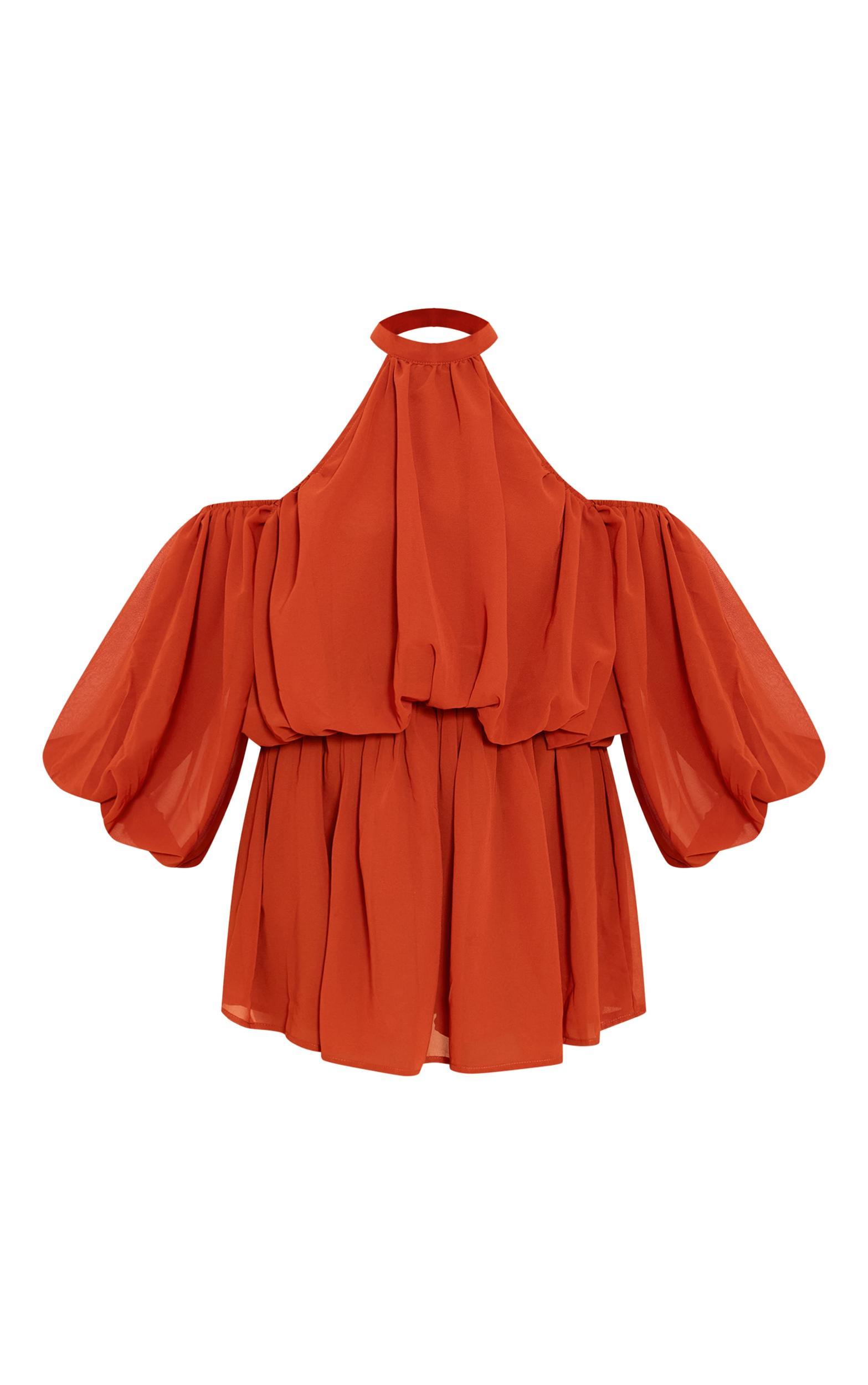 Rust Chiffon Ruffle Off Shoulder Romper Product Image