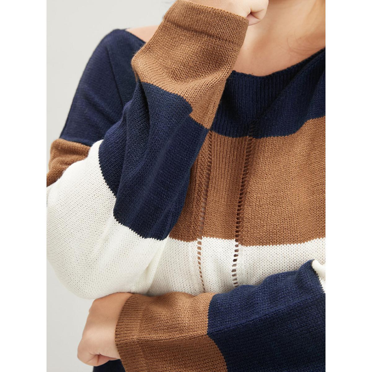 Plus Size Colorblock Contrast Pointelle Knit Eyelet Split Hem Knit Top Midnight Women Casual Loose Long Sleeve Round Neck Dailywear Pullovers BloomChic 14-16/1X Product Image