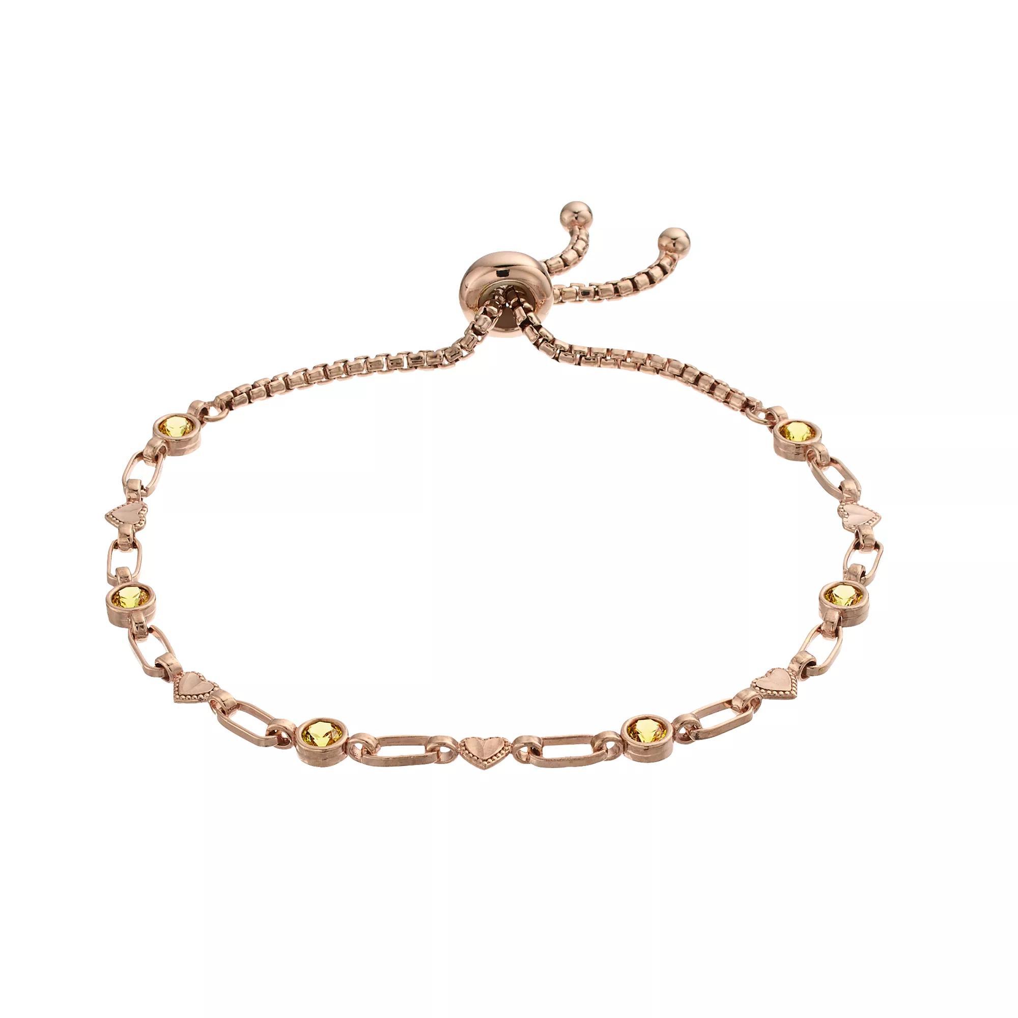 Kristen Kesho Sterling Silver Lab-Created Yellow Sapphire & Heart Link Adjustable Bolo Bracelet, Women's, Size: 9.50, Pink Tone Product Image