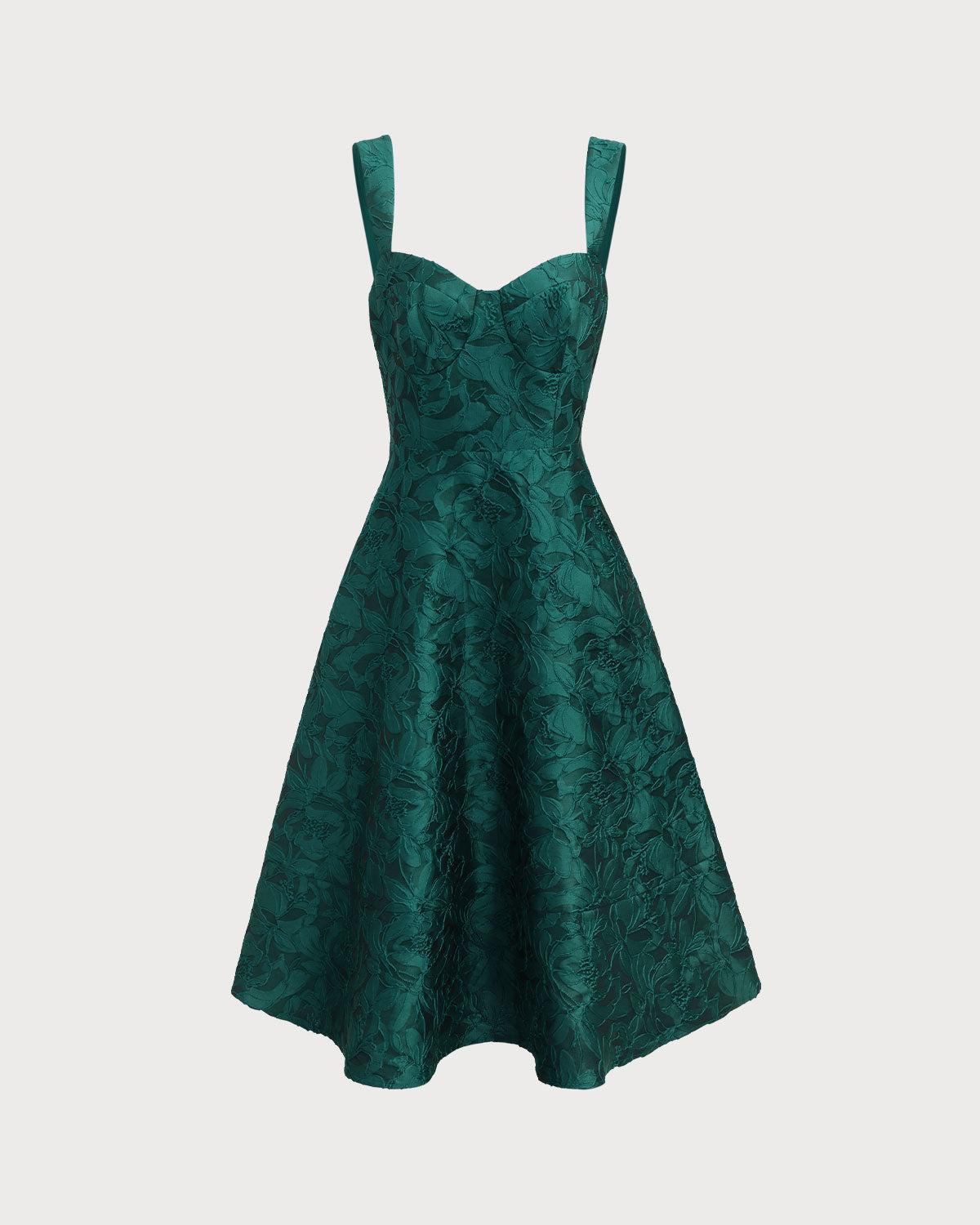 Green Sweetheart Neck Jacquard Midi Dress Product Image