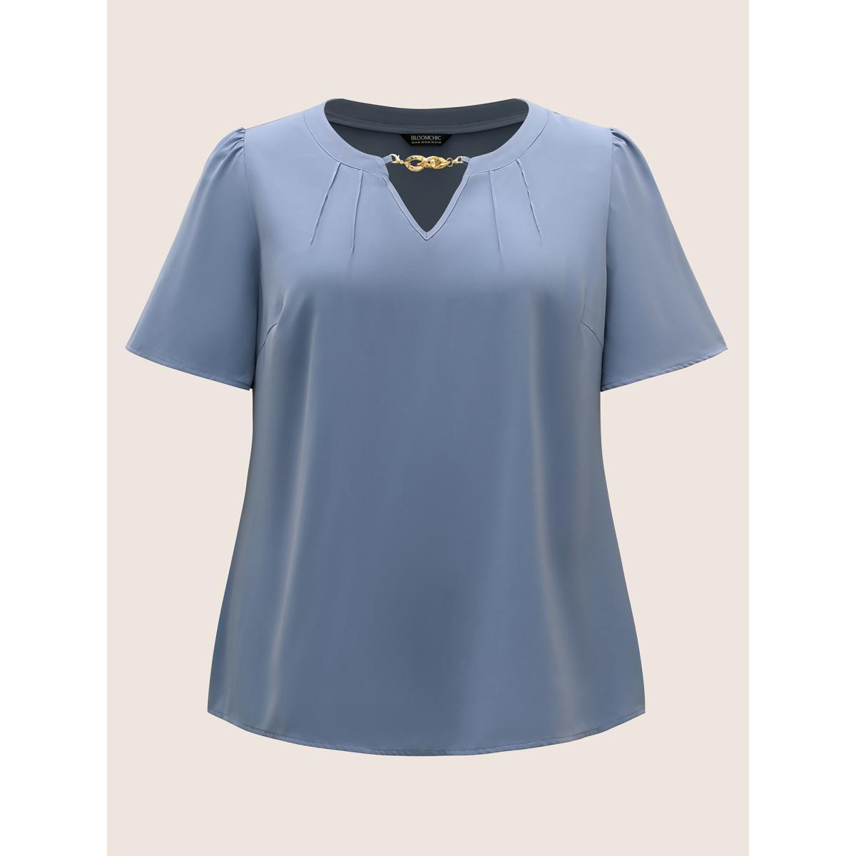 Plus Size Stone Keyhole Metal Chain Detail Ruffle Sleeve Blouse Women Work From Home Short sleeve Round Neck Work Blouses BloomChic 28/5X Product Image