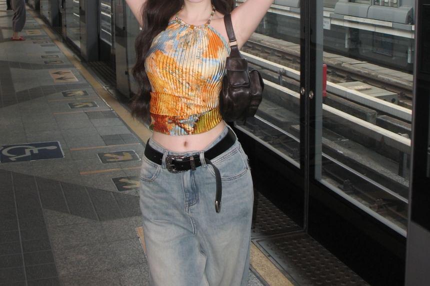 Halter Patterned Print Pleated Beaded Top Product Image