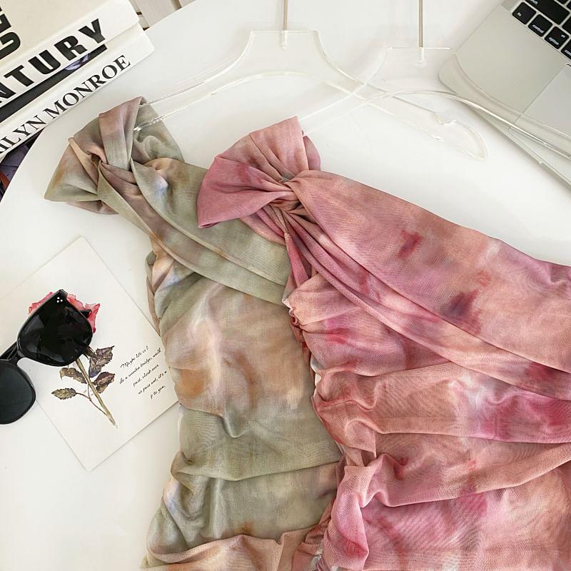 Sleeveless One Shoulder Tie Dye Ruched Tie Front Crop Top Product Image