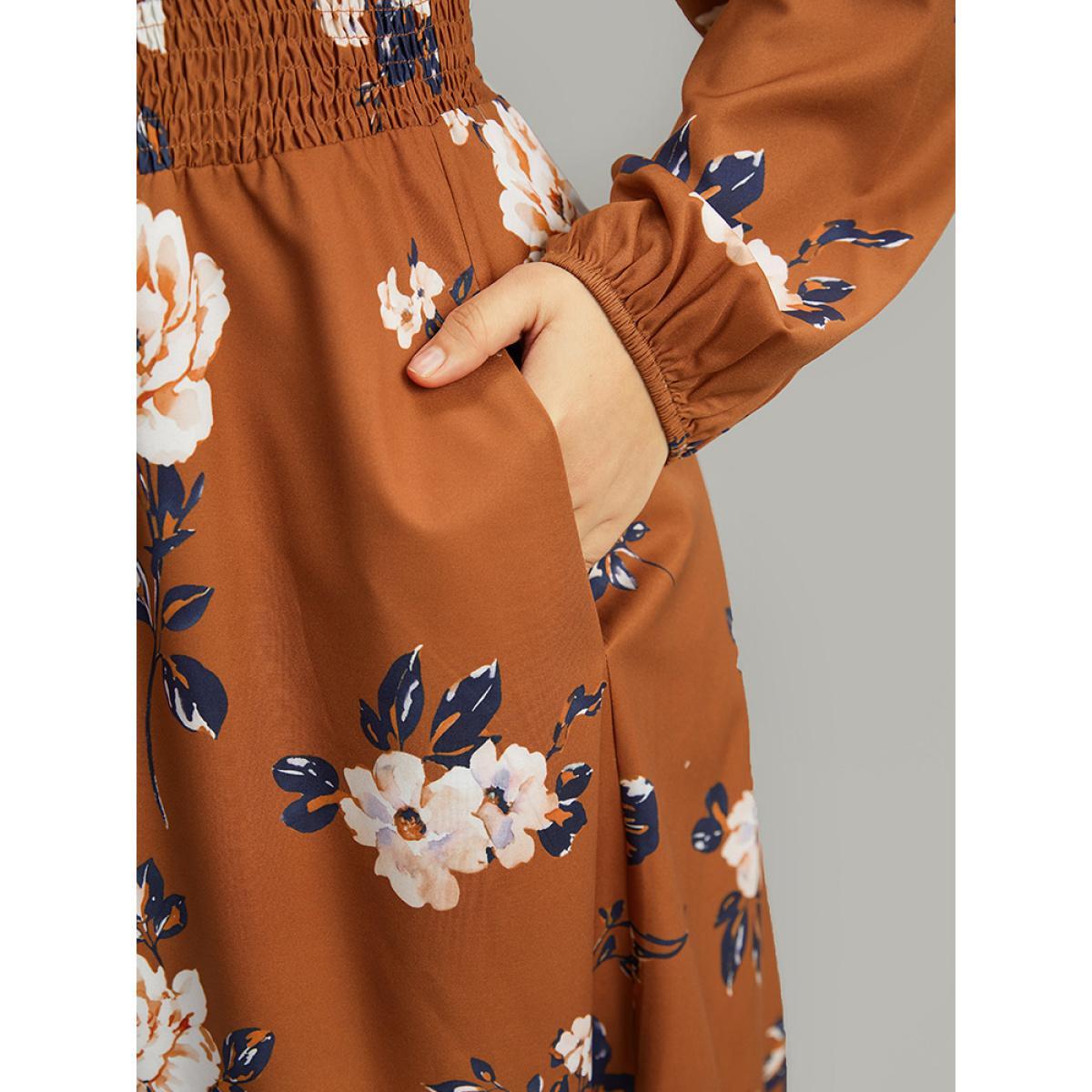 Plus Size Floral Print Notched Shirred Elastic Cuffs Dress Chocolate Women Elegant Elastic cuffs Notched collar Long Sleeve Curvy Midi Dress BloomChic 14-16/1X Product Image