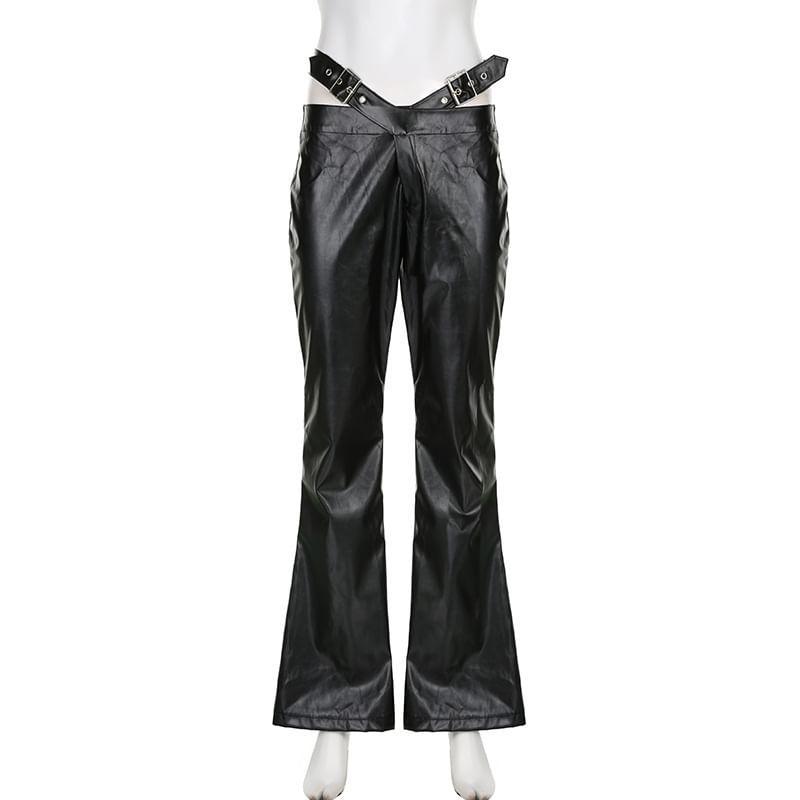 Low Rise Cutout Faux Leather Wide Leg Pants Product Image