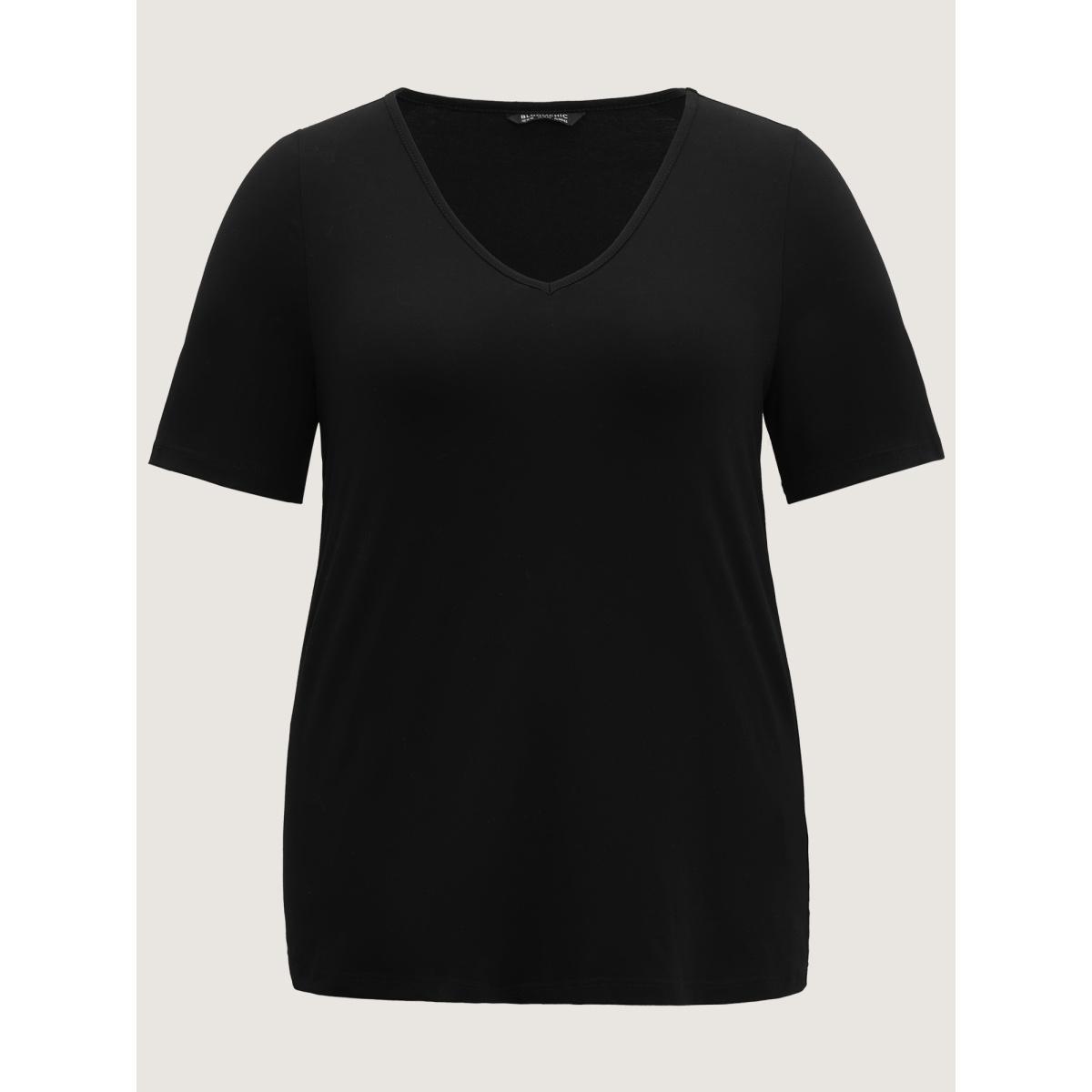 Plus Size Cotton V Neck Plain Basic T-shirt Black Women Basics Non Plain V-neck Everyday T-shirts BloomChic 12/L Product Image
