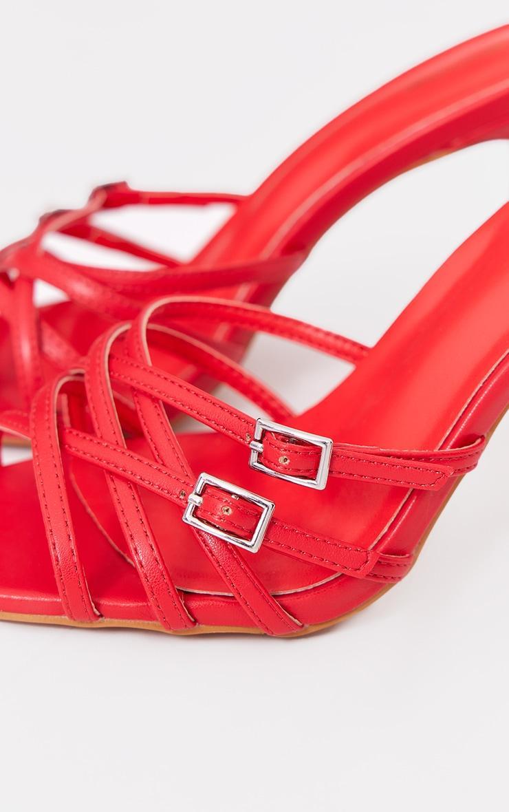 Red PU Wide Fit Point Toe Criss Cross Buckle Strap Heeled Mules Product Image