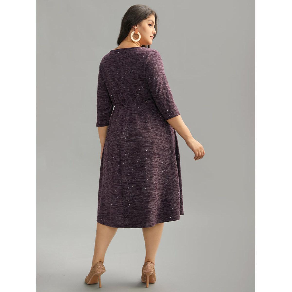 Plus Size Glitter Keyhole Gathered Elastic Waist Dress Purple Women Elegant Rib Knit Keyhole Cut-Out Elbow-length sleeve Curvy Midi Dress BloomChic 18-20/2X Product Image