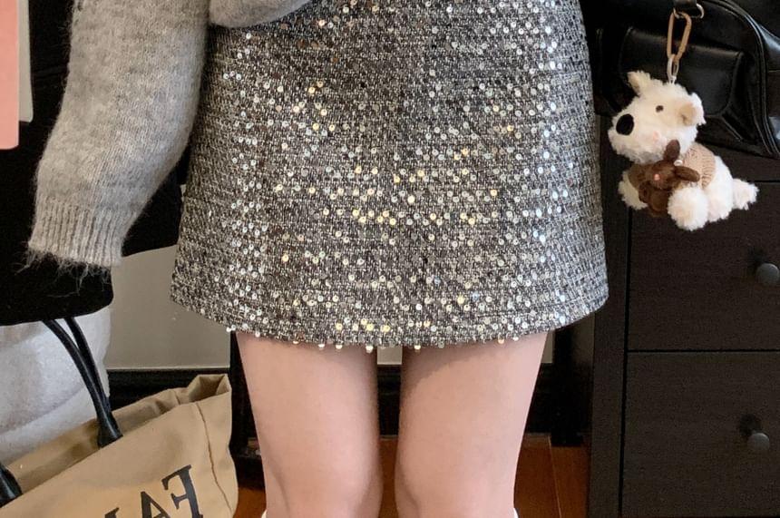 Crew Neck Sequin Perforated Sweater / High Rise Mini A-Line Skirt Product Image