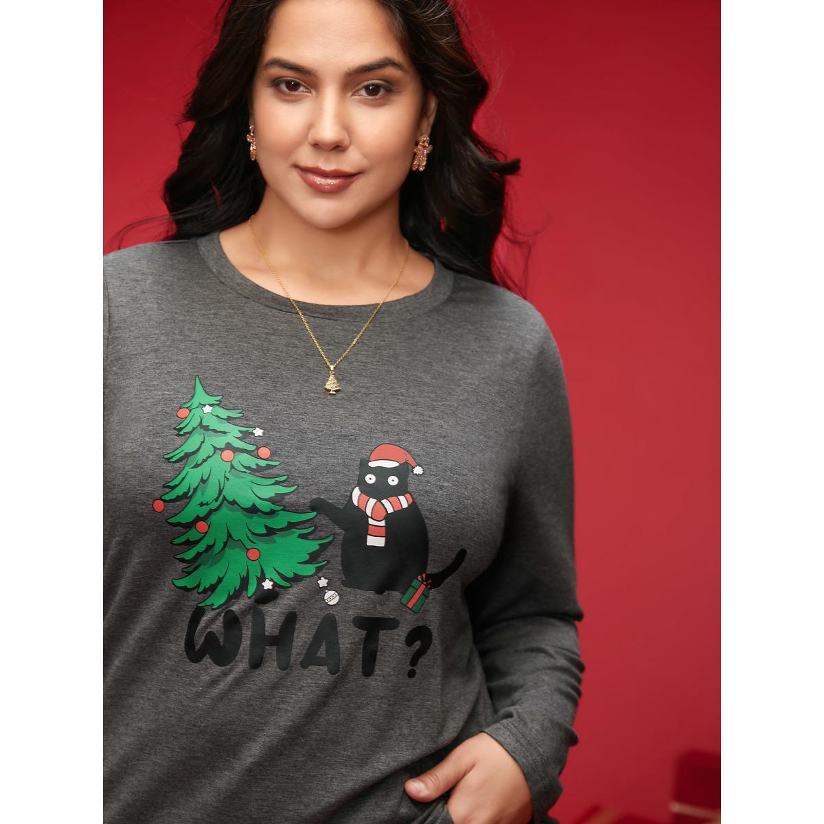 Plus Size Festive Cat And Tree Printed Slim-Fit Tee DimGray Women Casual Non Christmas Round Neck Everyday T-shirts BloomChic 26/4X Product Image