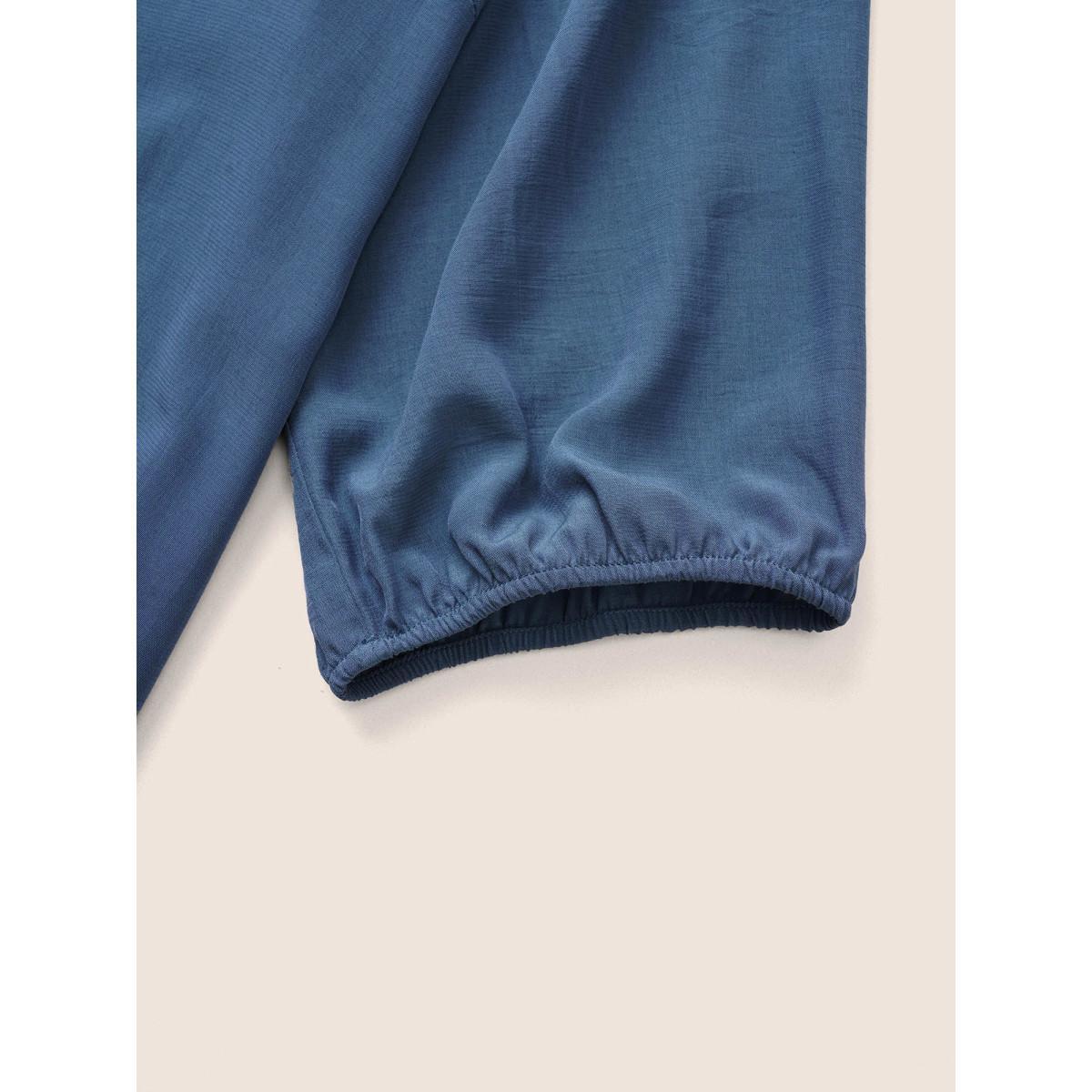 Plus Size Stone Plain Pleated Knot Neck Lantern Sleeve Blouse Women Casual Elbow-length sleeve Notched collar Everyday Blouses BloomChic 12/L Product Image