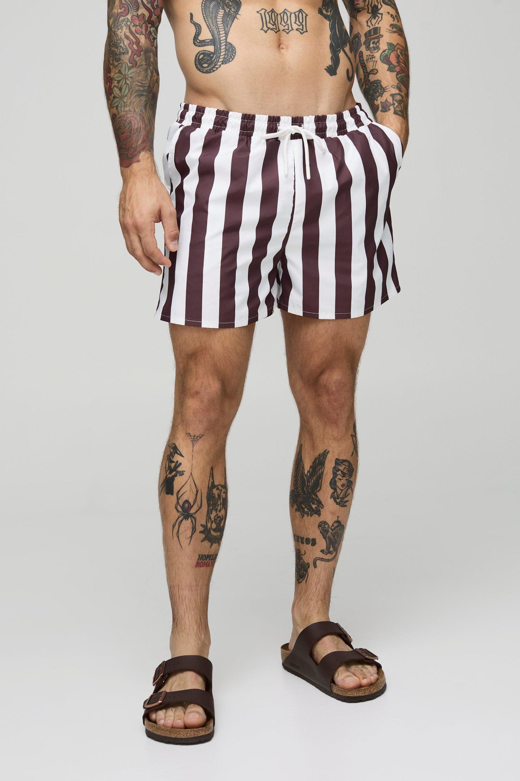 Wide Stripe Print Short Length Swim Trunks | boohooMAN USA Product Image