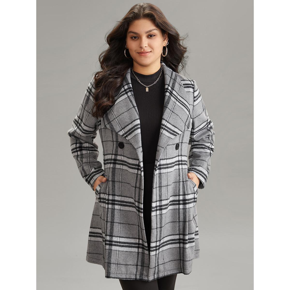 Plus Size Plaid Button Up Pocket Belted Lapel Collar Coat Women Black Casual Lined Ladies Dailywear Winter Coats BloomChic 30/6X Product Image