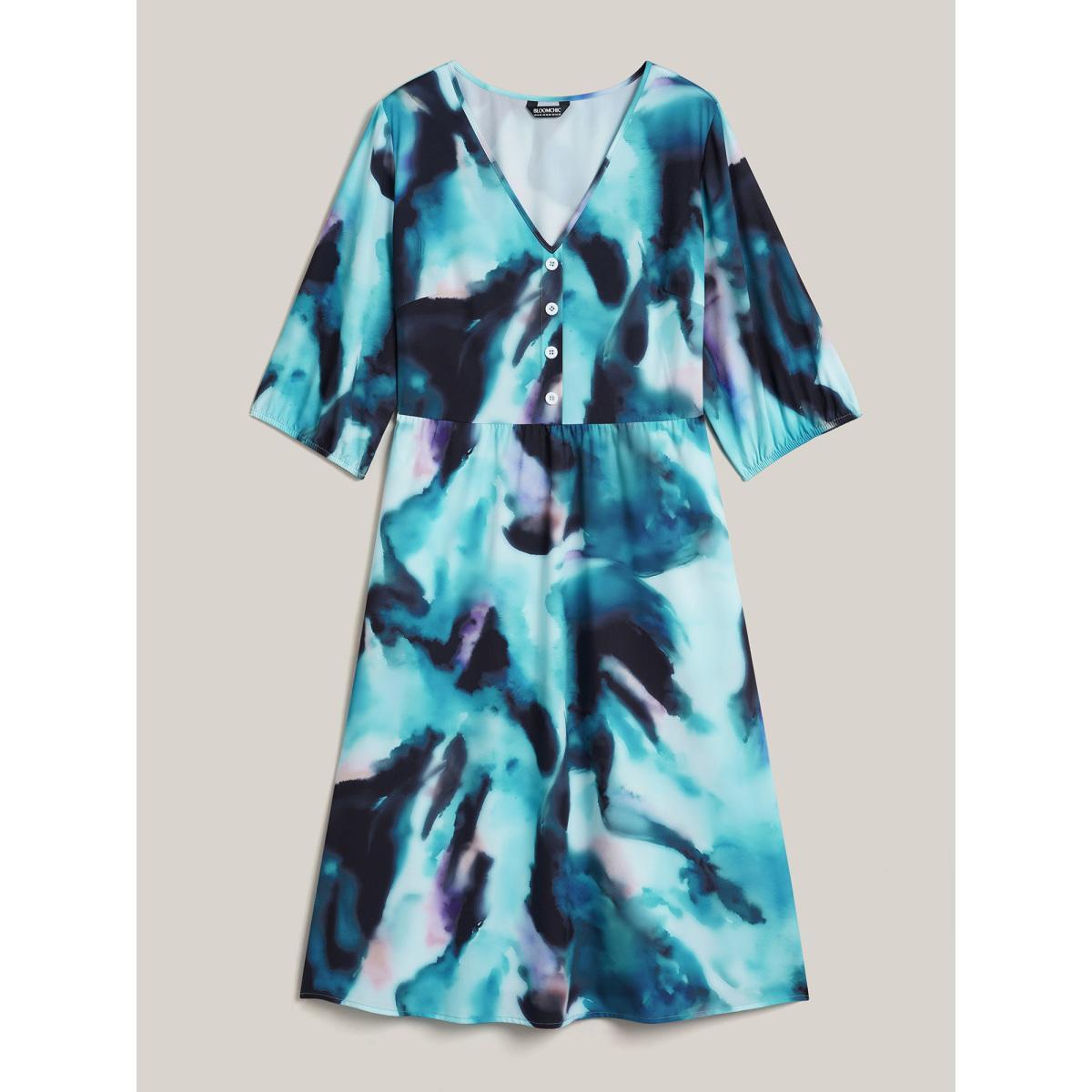 Plus Size Tie-Dye Placket V-Neck Midi Dress Arctic Women Elegant Button V-neck Elbow-length sleeve Curvy BloomChic 30/6X Product Image