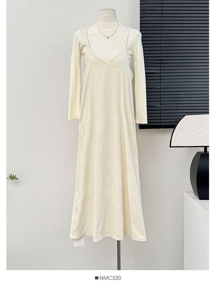 Set: Sleeveless Loose A-Line Dress + Mock-Neck Knit T-Shirt Product Image