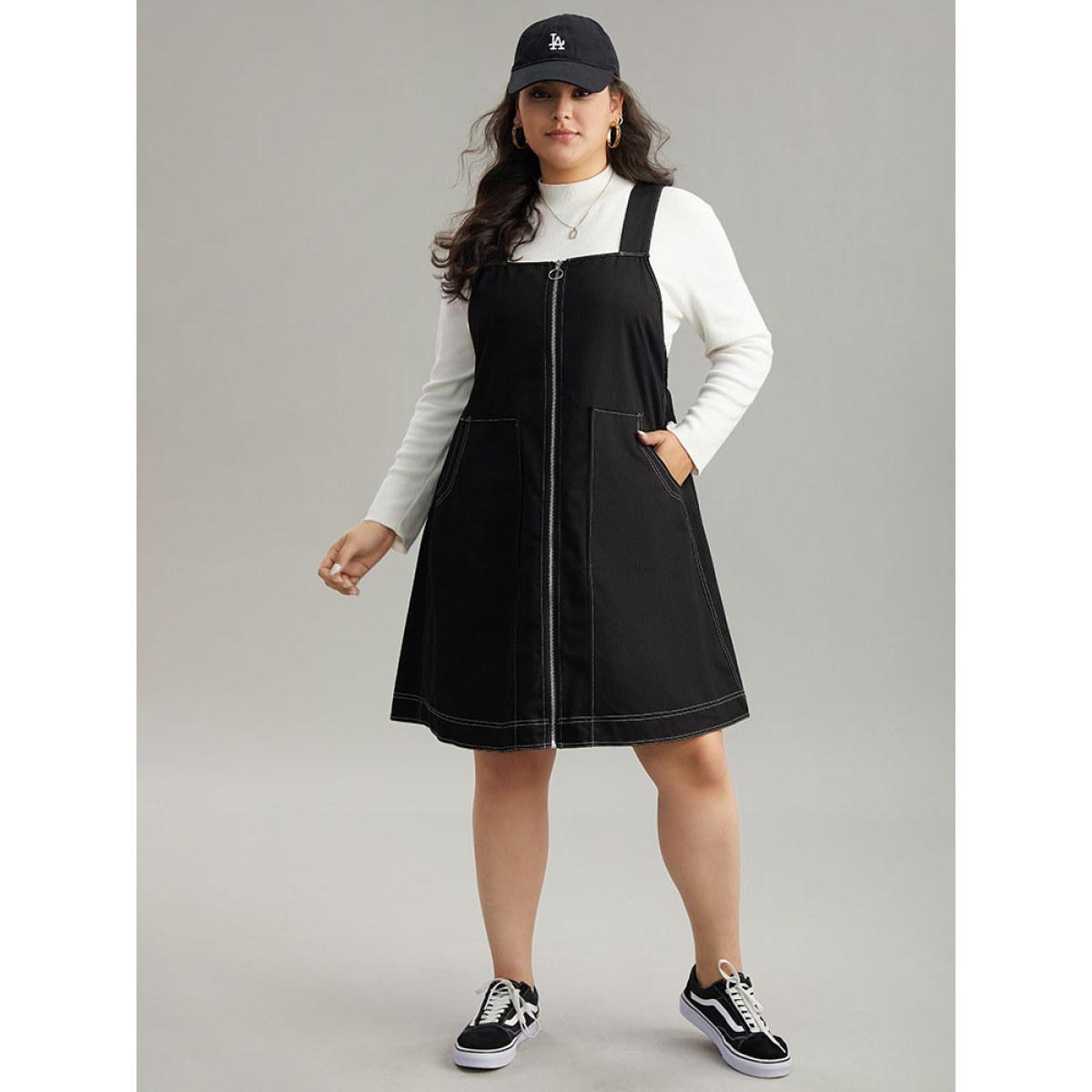 Plus Size Twill O Ring Zipper Pocket Spaghetti Strap Dress Black Women Casual Plain Spaghetti Strap Sleeveless Curvy Midi Dress BloomChic 28/5X Product Image