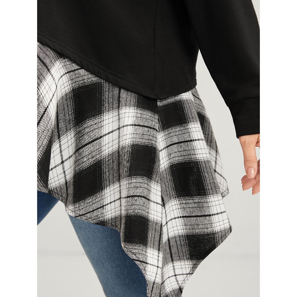 Plus Size Tartan Patchwork Round Neck Asymmetrical Hem Sweatshirt Women Black Elegant Patchwork Round Neck Dailywear Sweatshirts BloomChic 22-24/3X Product Image