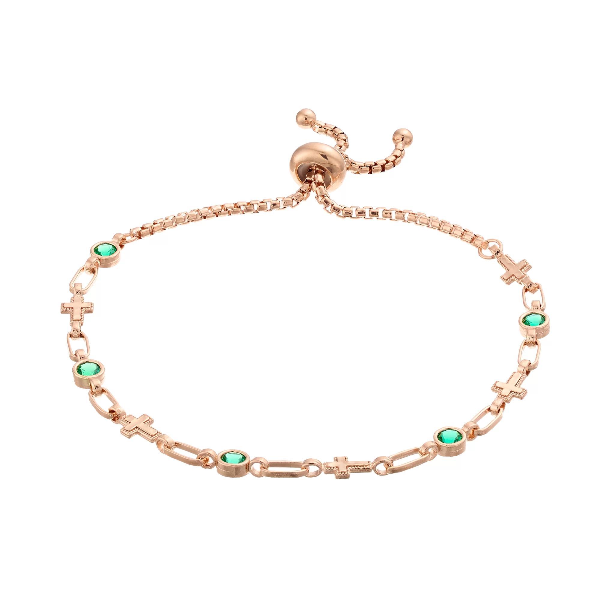 Kristen Kesho Sterling Silver Lab-Created Emerald & Cross Link Adjustable Bolo Bracelet, Women's, Size: 9.50, Pink Tone Product Image