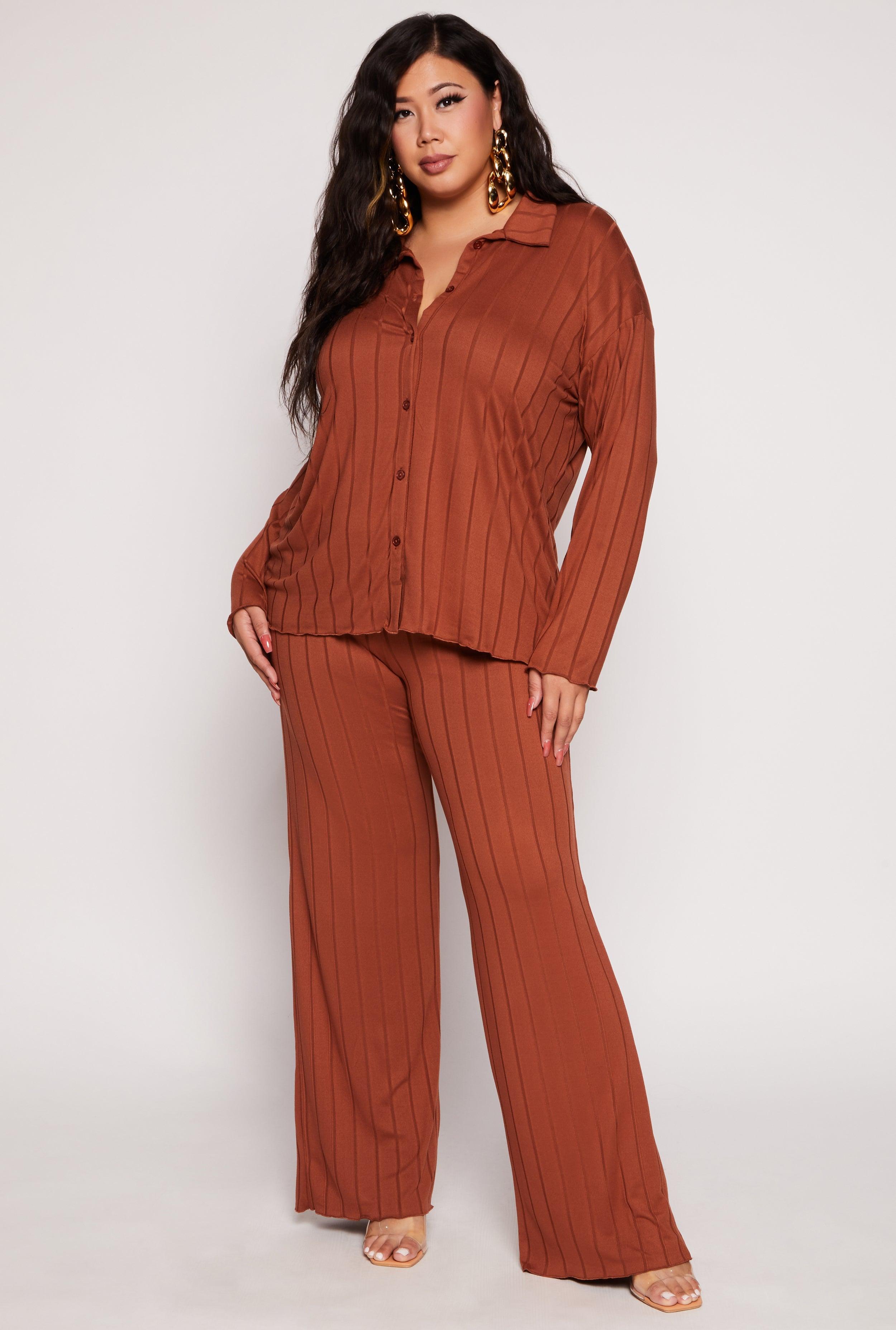 Womens Plus Size Ribbed High Waisted Palazzo Pants Product Image