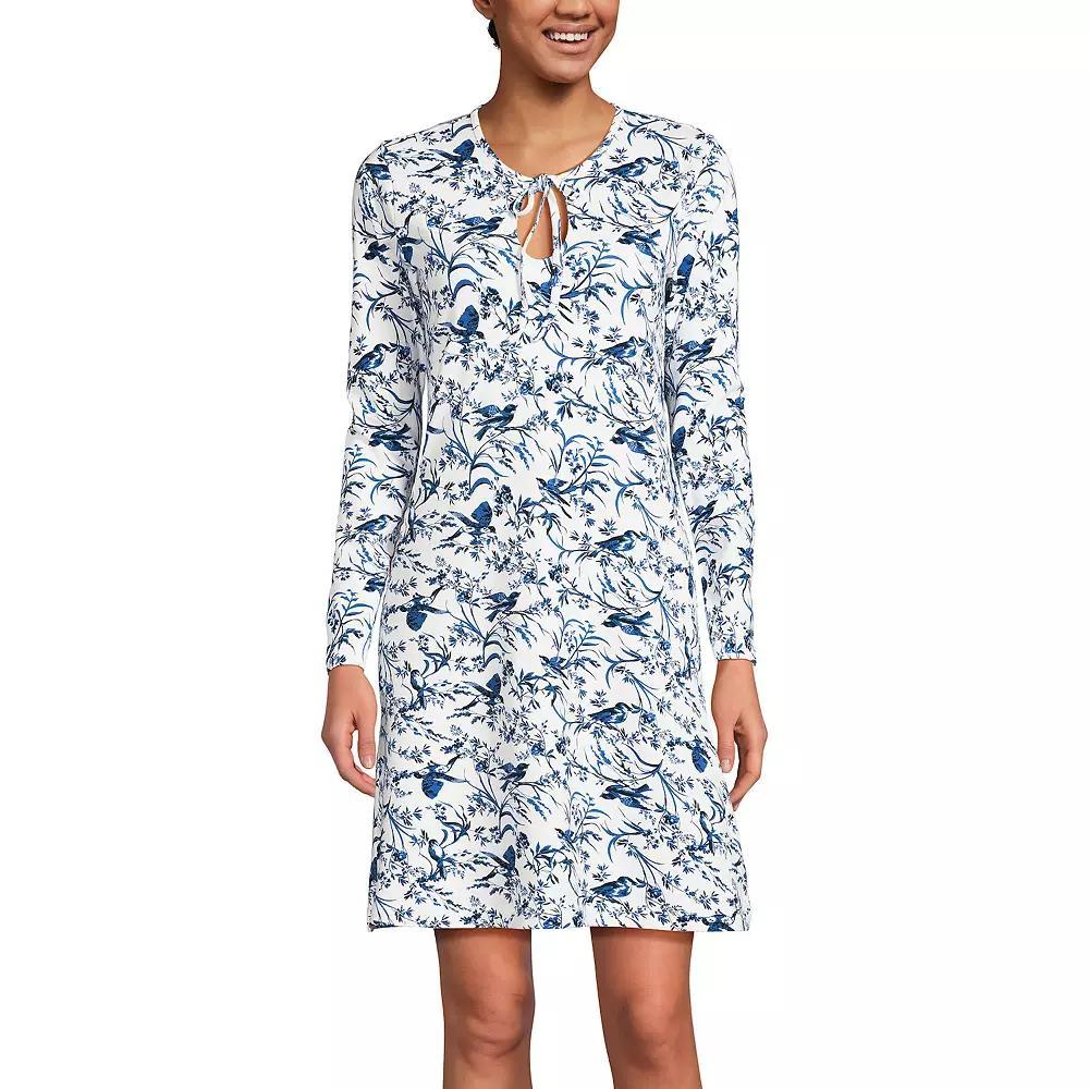Women's Lands' End Cotton Interlock Long Sleeve Nightgown, Size: XL, Soft Green Bird Song Product Image