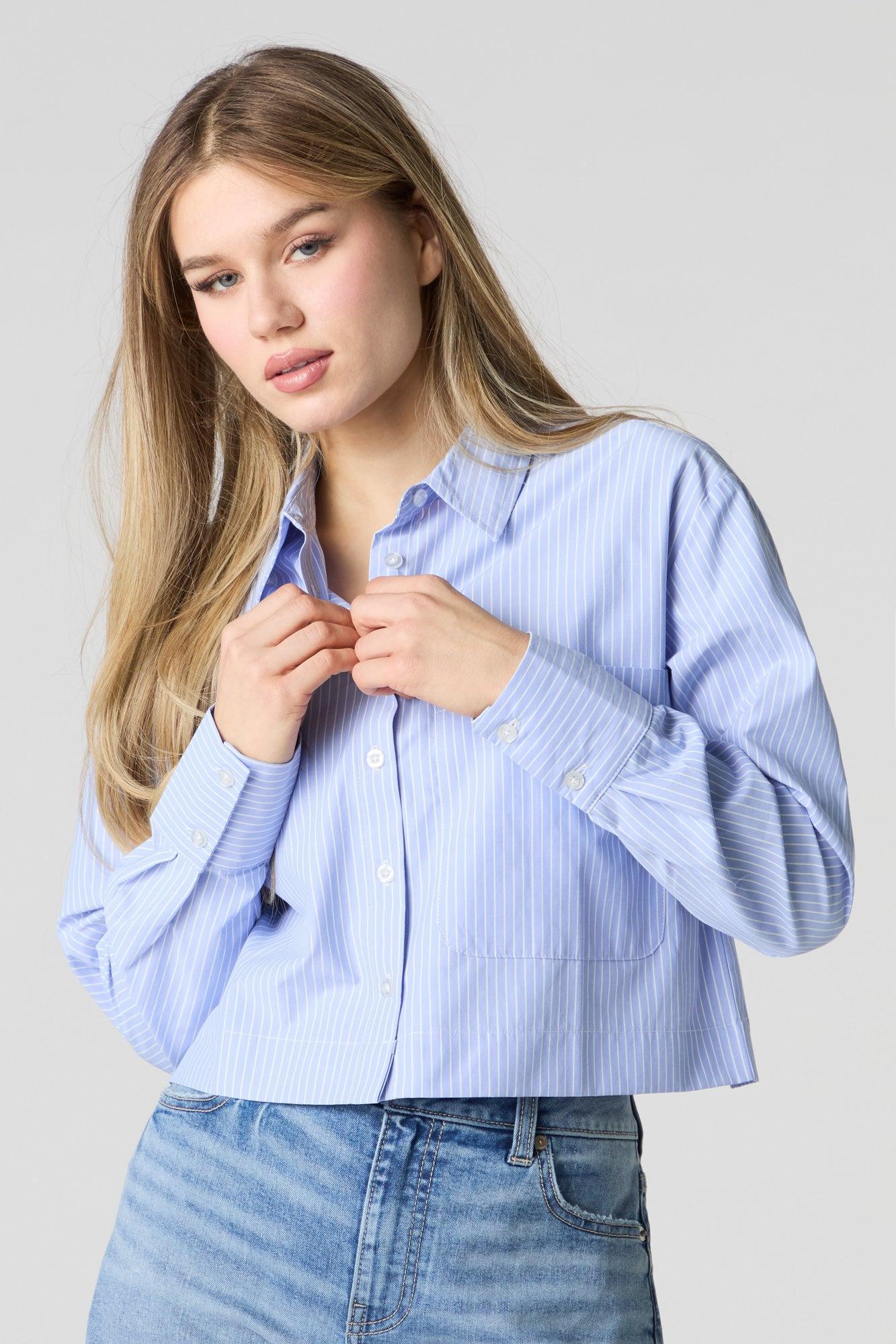 Poplin Cropped Button-Up Long Sleeve Top Female Product Image