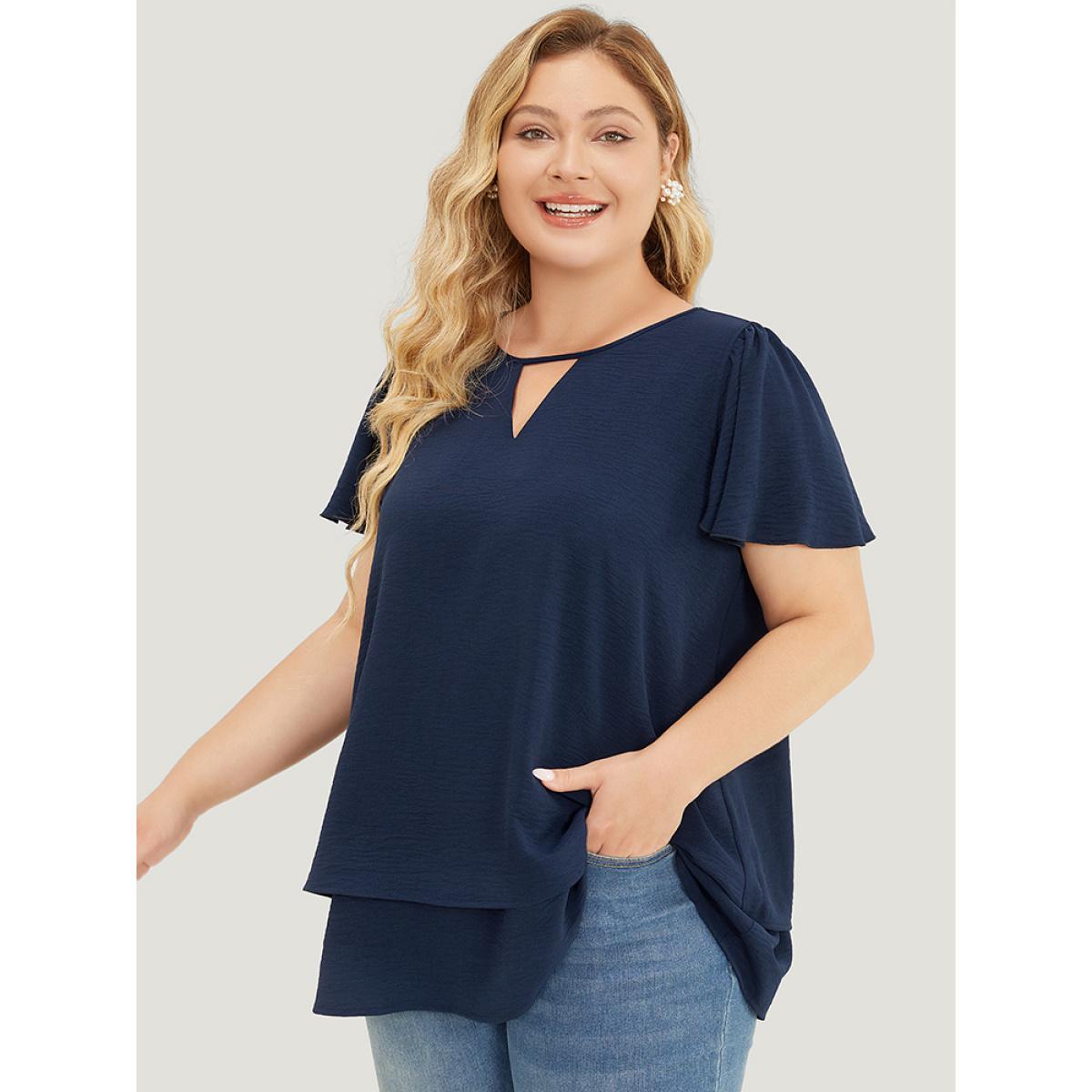 Plus Size Indigo Solid Flutter Sleeve Keyhole Layered Hem Blouse Women Office Short sleeve V-neck Work Blouses BloomChic 26/4X Product Image