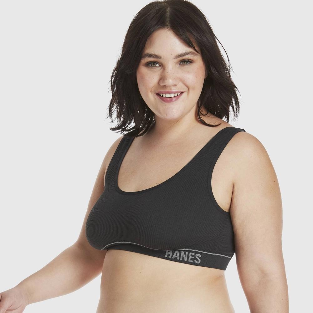 Hanes Women's Ribbed Scoopneck Bra MHT006 - Black XXL: Adjustable Strap, Unlined Full Coverage Product Image