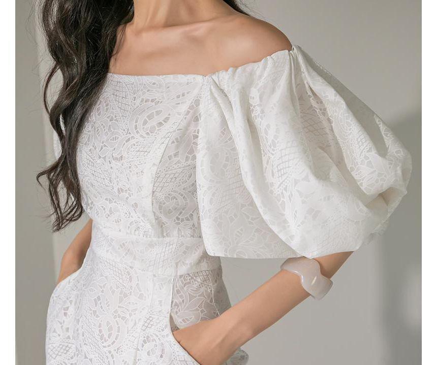 Puff Sleeve Off Shoulder Plain Lace Midi Sheath Dress Product Image