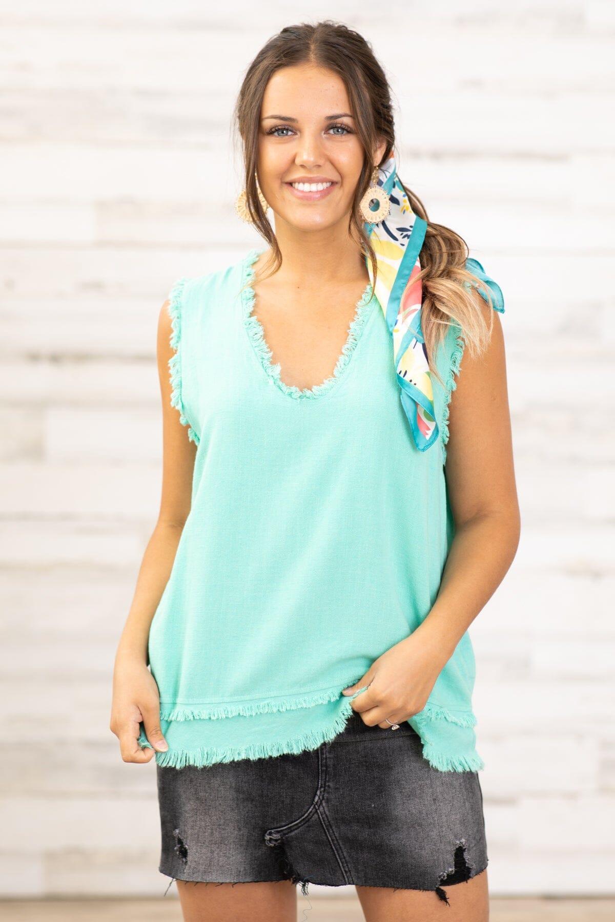 Mint Linen Blend Fray Hem V-Neck Tank Product Image
