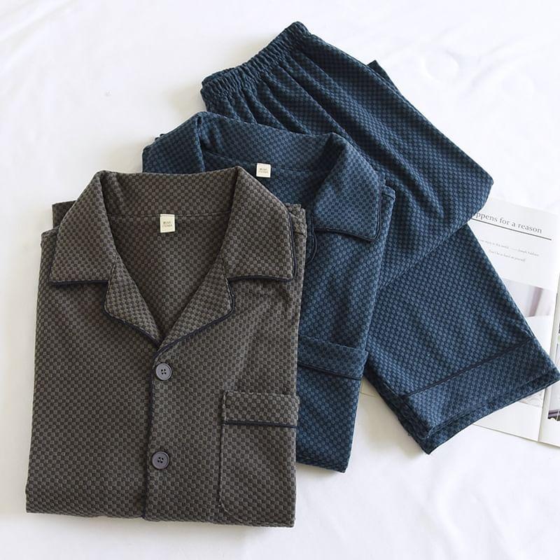 Pajama Set: Long Sleeve Collared Checker Shirt + Elastic Waist Straight Leg Pants Product Image