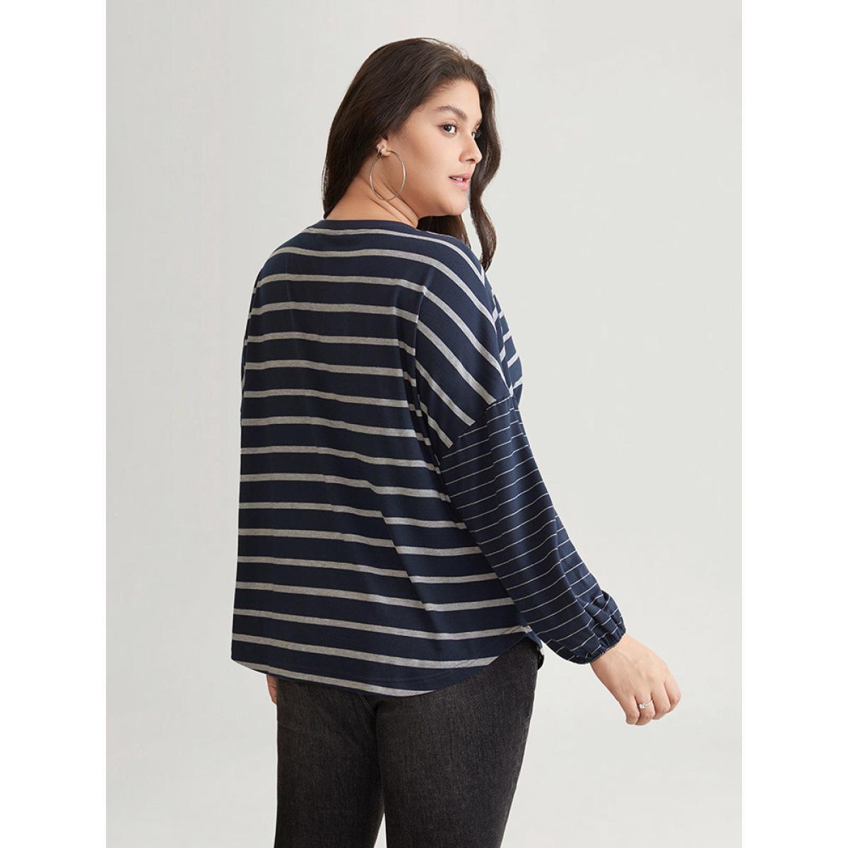 Plus Size Striped Patchwork Curved Hem Stitch T-shirt DarkBlue Women Casual Elastic cuffs Striped Round Neck Dailywear T-shirts BloomChic 10/M Product Image