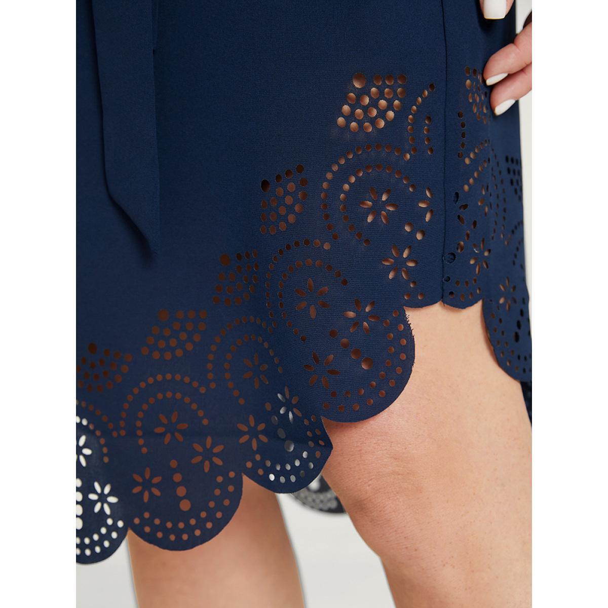 Plus Size Solid Cuffed Sleeve Button Up Belted Laser Cut Arc Hem Dress DarkBlue Women Office Belted Notched collar Short sleeve Curvy Knee Dress BloomChic 18-20/2X Product Image