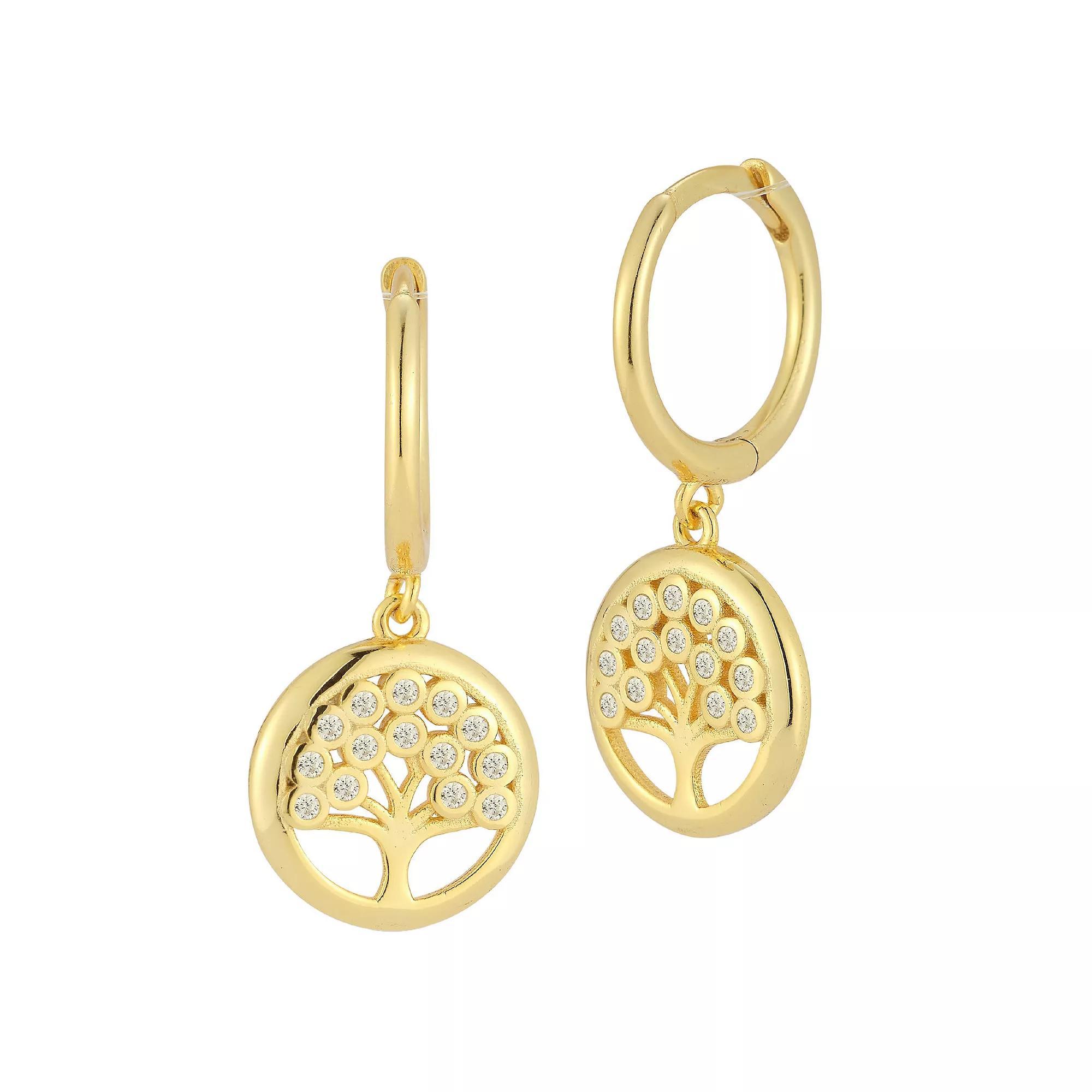 Sunkissed Sterling Cubic Zirconia Tree Charm Huggie Hoop Earrings, Women's, Gold Tone Product Image