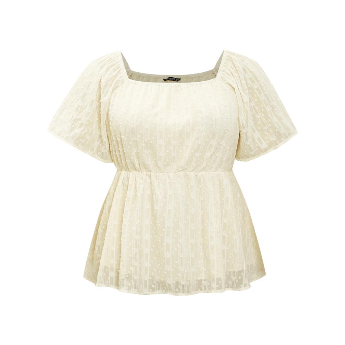 Plus Size Ivory Plisse Mesh Square Neck Elastic Waist Blouse Women Elegant Short sleeve Square Neck Dailywear Blouses BloomChic 10/M Product Image