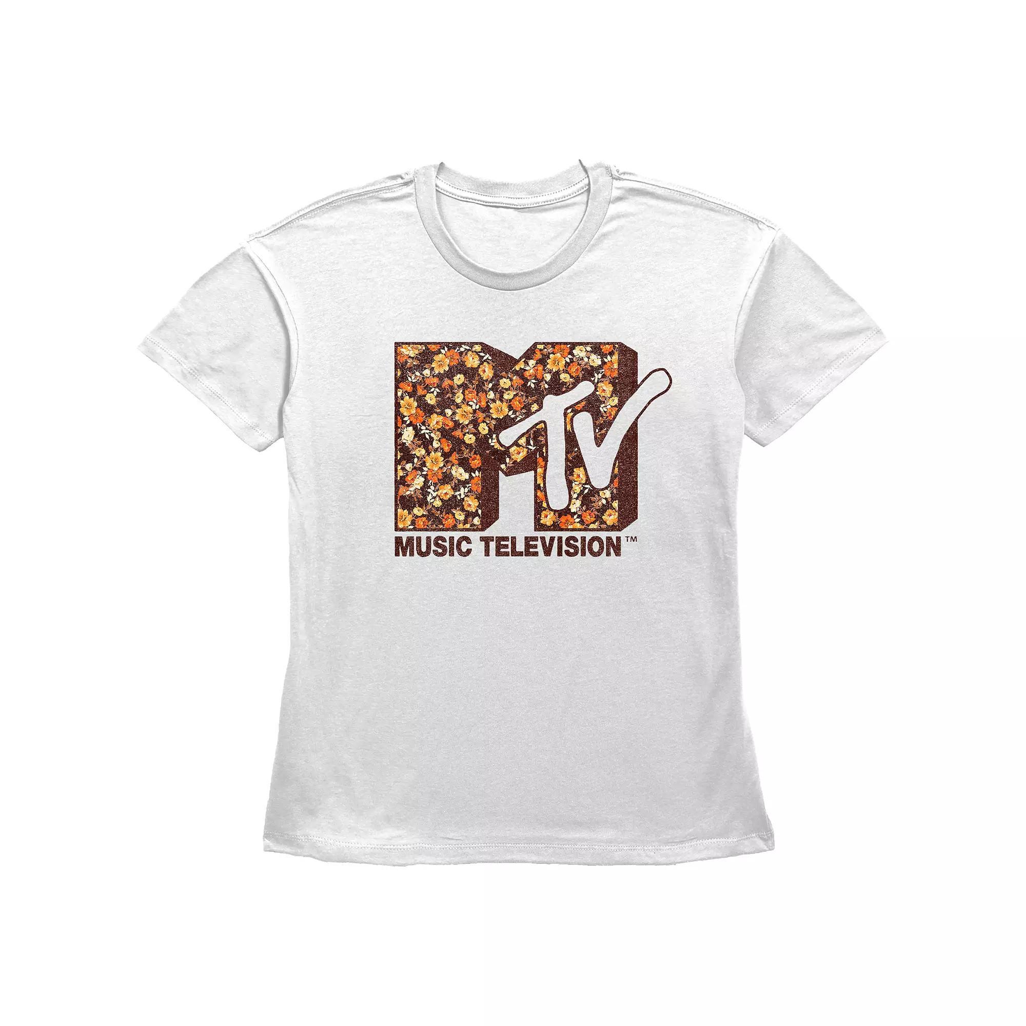 Women's MTV Autumn Flowers Print Logo Graphic Tee, Size: Small, White Product Image