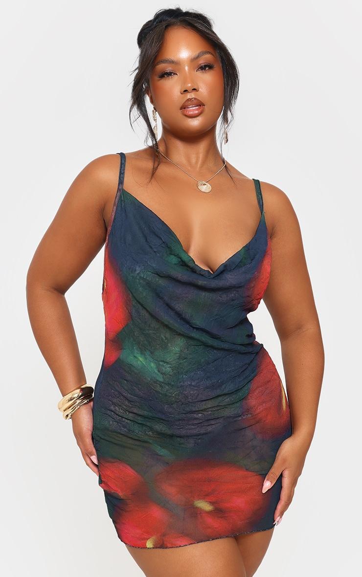 Plus Black Floral Crinkle Mesh Cowl Neck Mini Dress Product Image