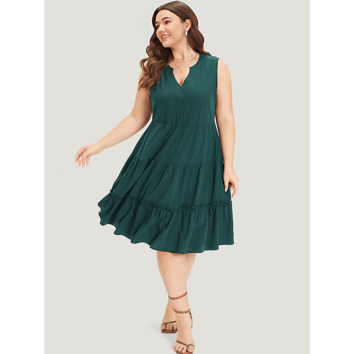 Plus Size Supersoft Essentials Notched Ruffle Layered Hem Sleeveless Dress Green Women Elegant Gathered V-neck Sleeveless Curvy Midi Dress BloomChic 22-24/3X Product Image