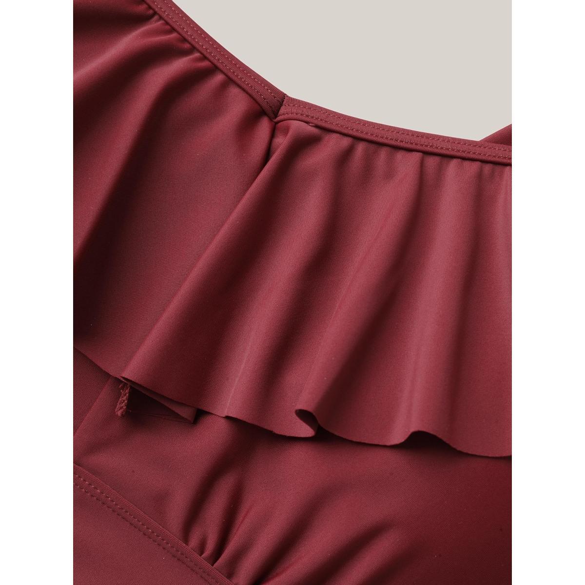 Plus Size Cold Shoulder Belted Ruffled One-Piece Swimsuit Women's Swimwear Deepred Beach Tie knot Curve Bathing Suits High stretch One Pieces BloomChic 22-24/3X Product Image
