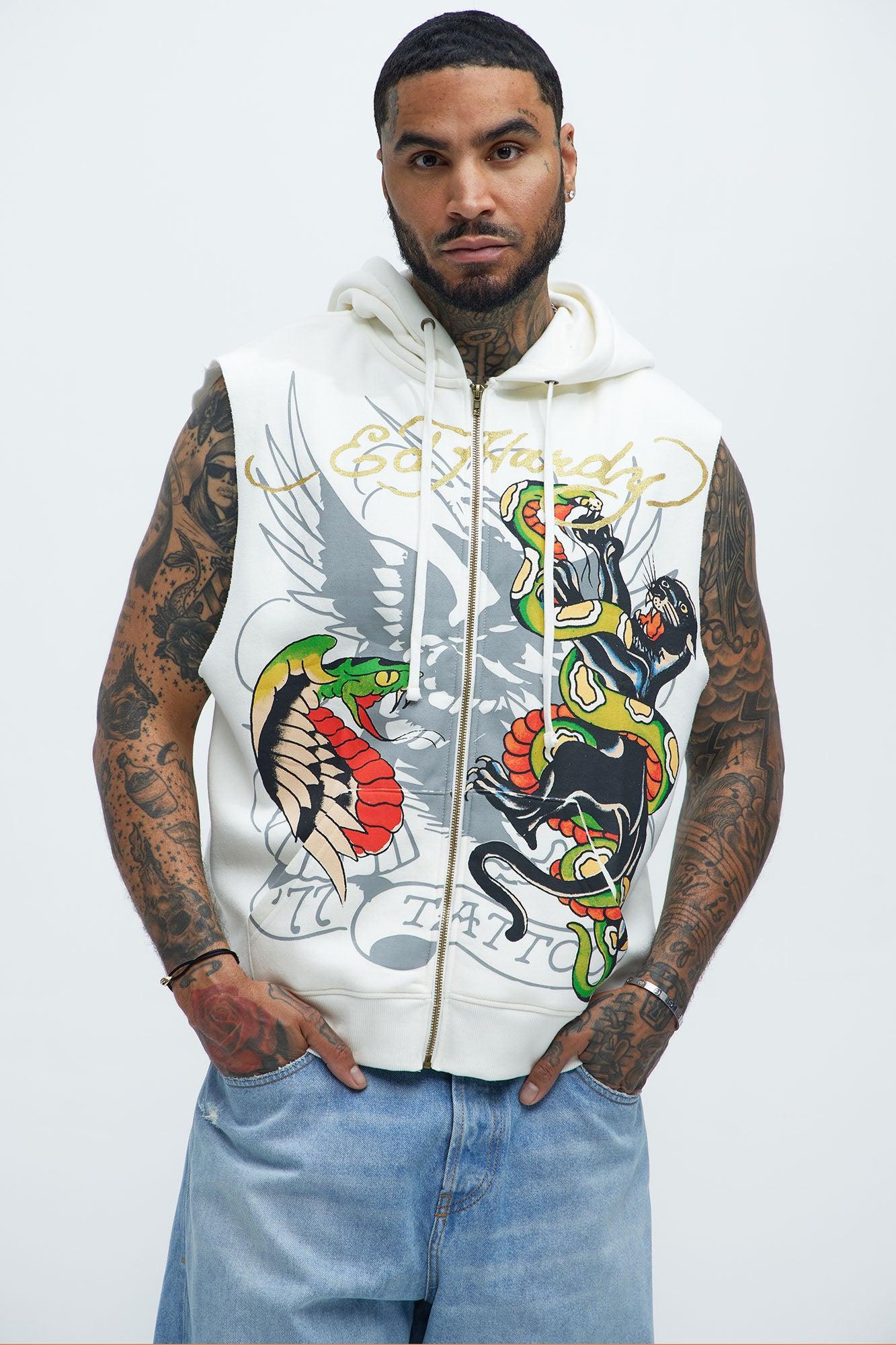 Ed Hardy Panther Snake Sleeveless Zip Up Hoodie - Ivory Product Image