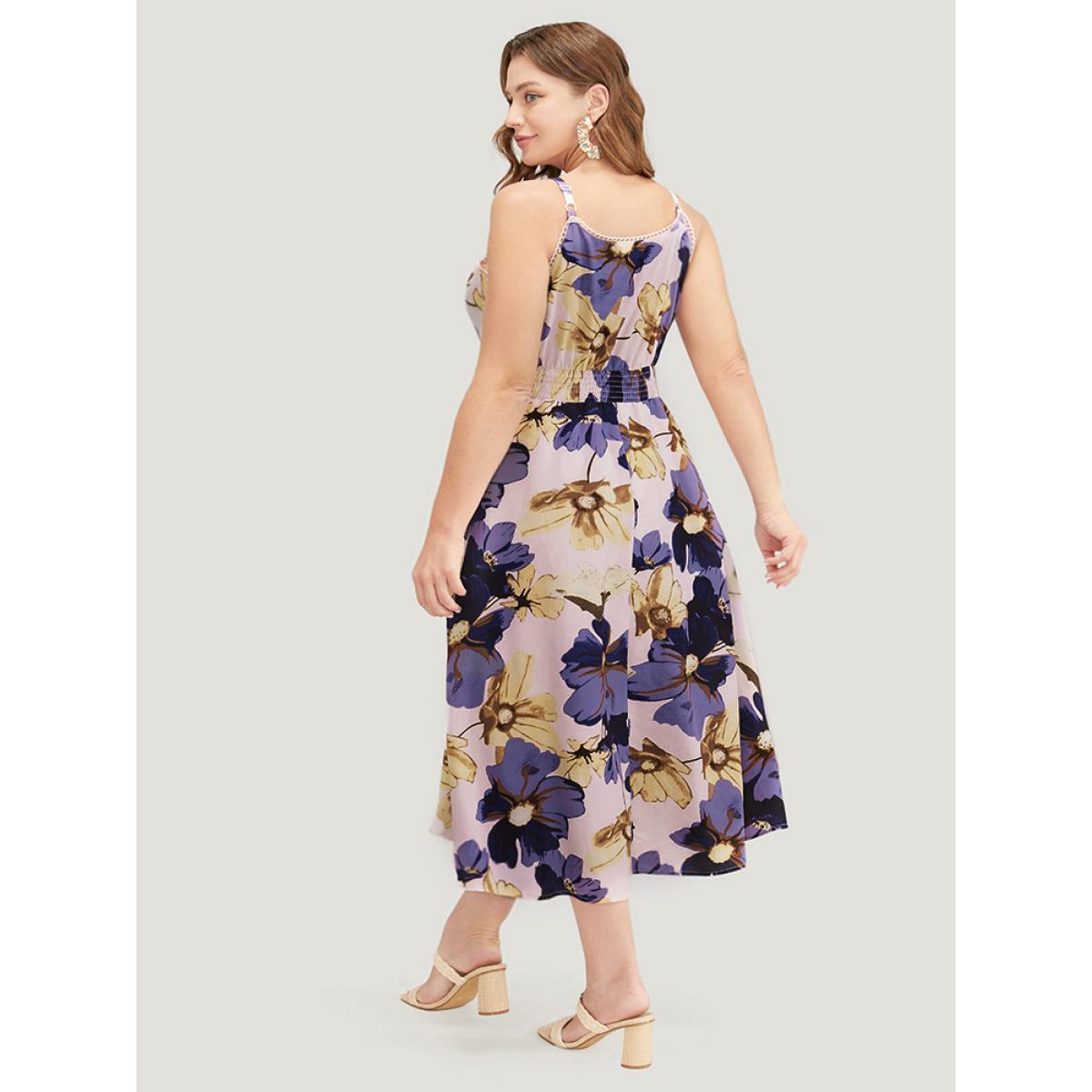 Plus Size Floral Ruffle Hem Pocket Shirred Cami Dress Mauve Women Elegant Adjustable Straps Spaghetti Strap Sleeveless Curvy Midi Dress BloomChic 12/L Product Image
