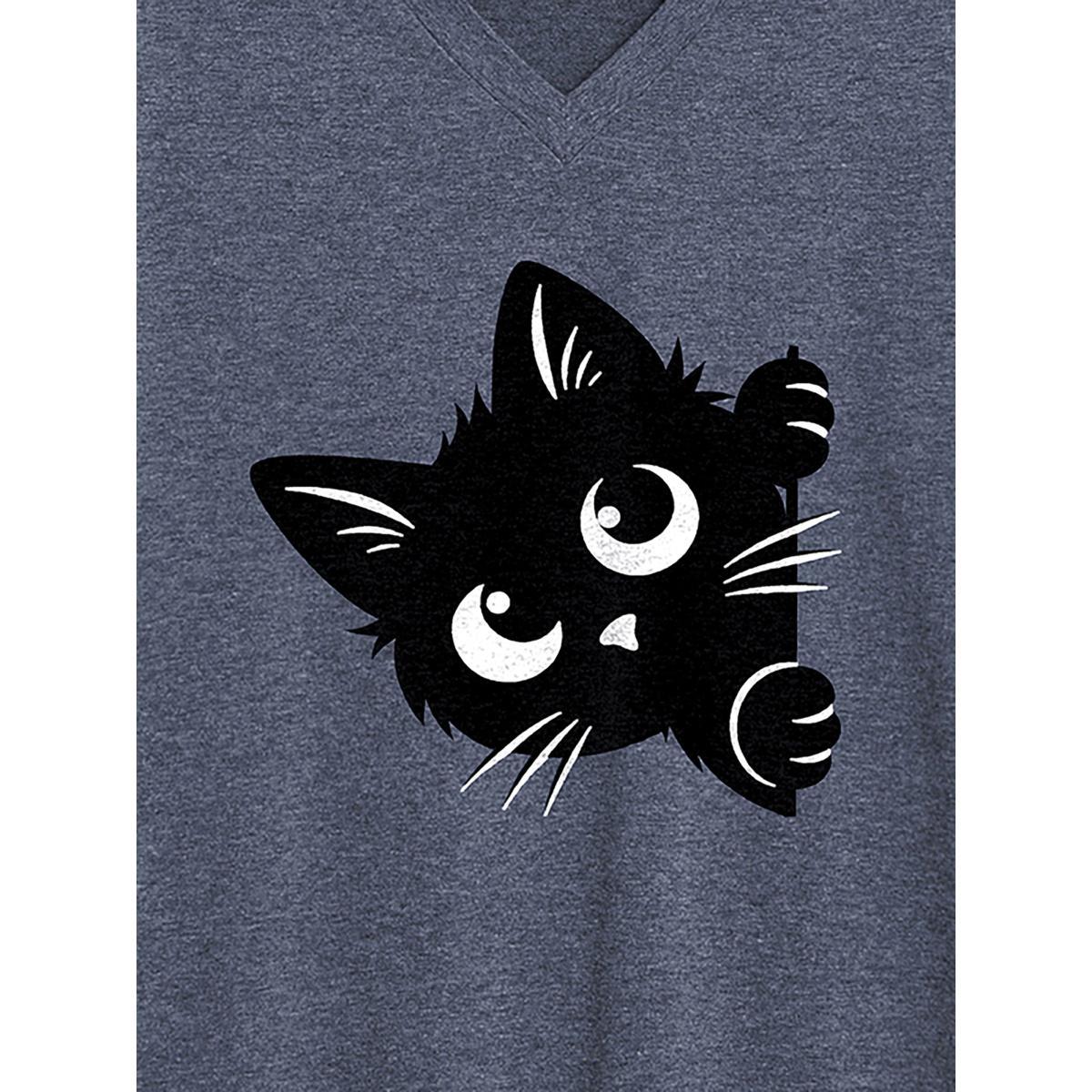 Plus Size Bookish Cat Printed Round Neck T-Shirt Indigo Women Non Animals Round Neck Everyday-Casual T-shirts BloomChic 12/L Product Image