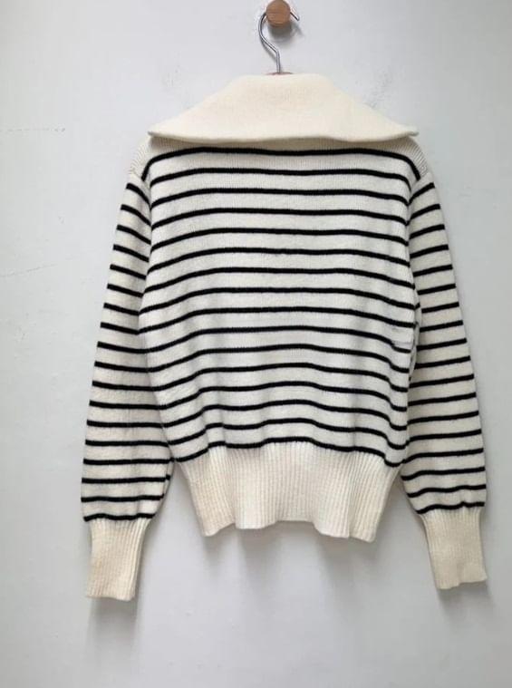Long Sleeve Stand Collar Striped Zip-Up Cardigan Product Image