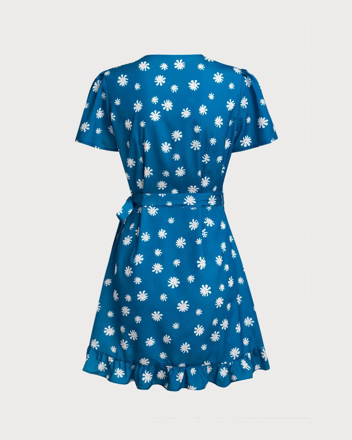 Blue Floral Wrap Mini Dress Product Image