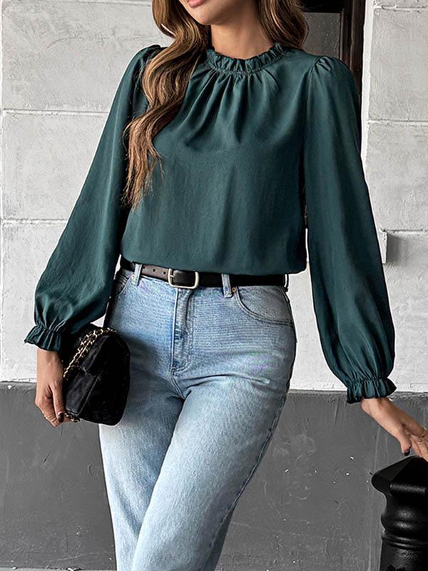 Long Sleeves Loose Elasticity Pleated Ruffle Trim Solid Color Mock Neck Blouses&Shirts Tops Product Image
